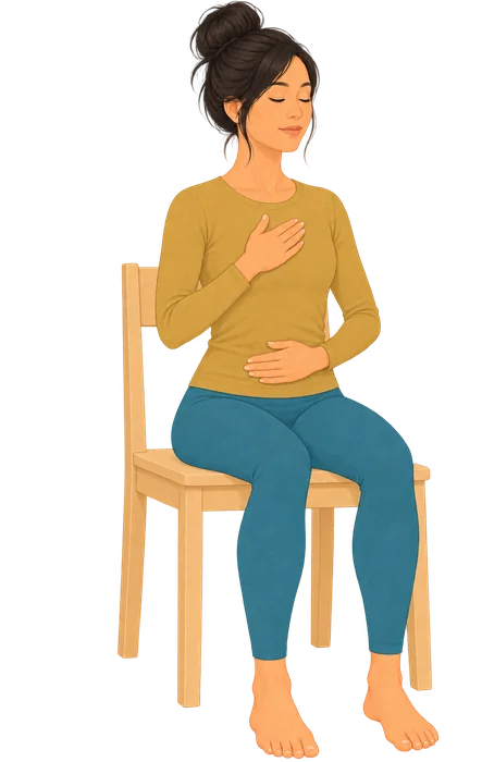 Illustration von Pook, die mit geschlossenen Augen auf einem Stuhl sitzt, eine Hand auf der Brust, eine auf dem Bauch