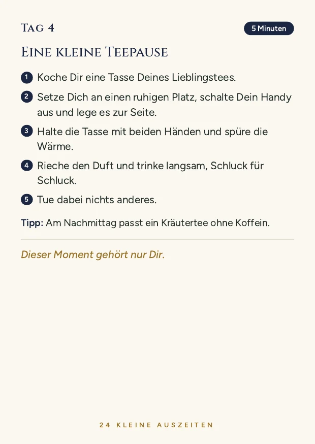 Rückseite der Karte für den 4. Dezember mit der Anleitung „Eine kleine Teepause“